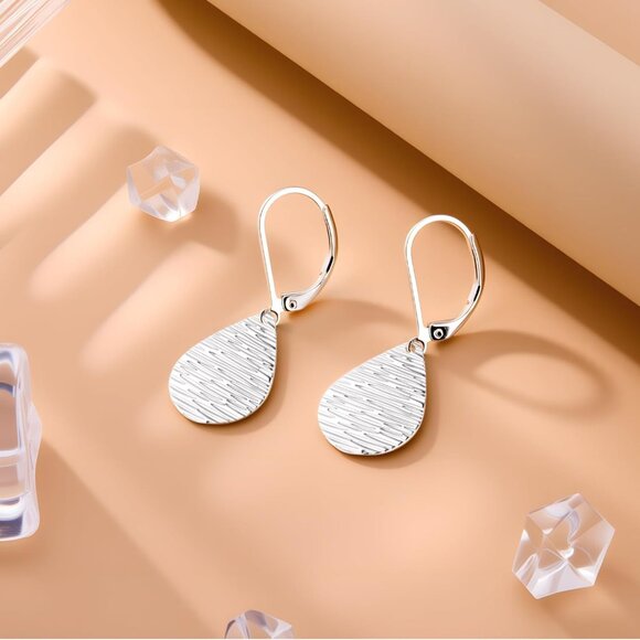 Sterling Silver Teardrop Hammered Leverback Dangle Earrings for Women - Picture 6 of 6